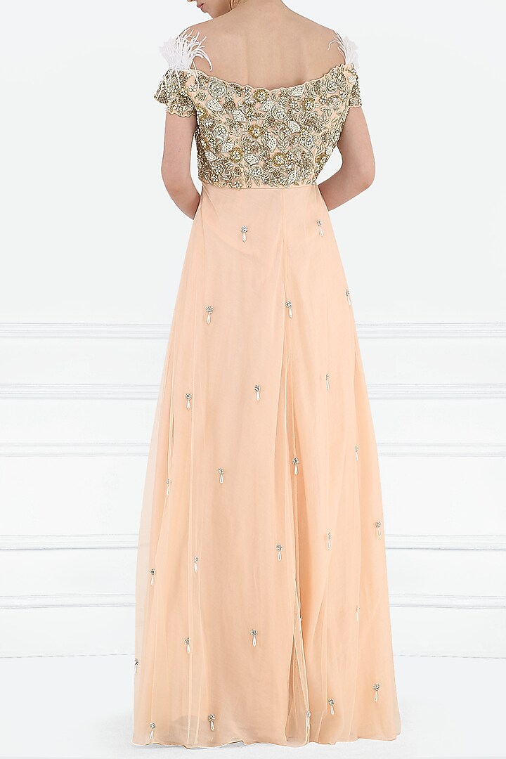 Tea rose embroidered off shoulder anarkali set available only at Pernia's Pop Up Shop.