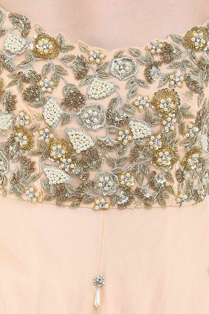 Tea rose embroidered off shoulder anarkali set available only at Pernia's Pop Up Shop.