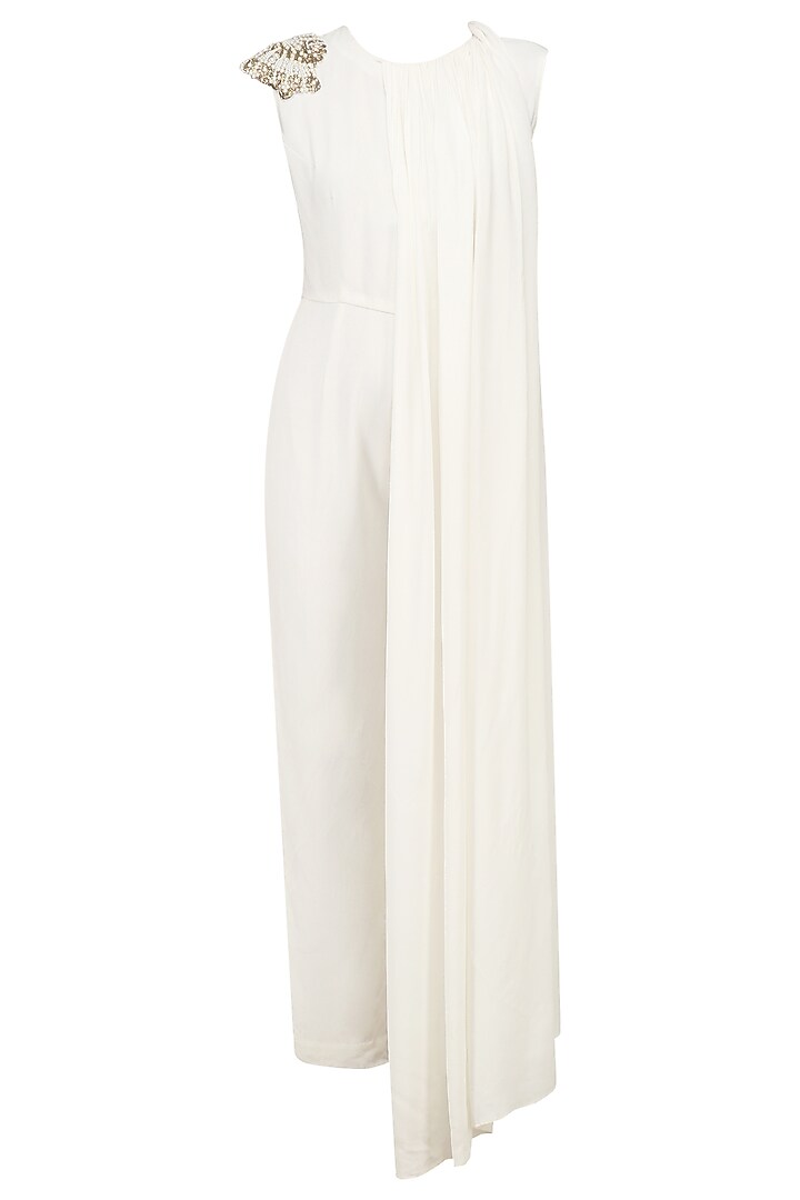 Off White Pearl Embellished Cape Jumpsuit by Varsha Wadhwa