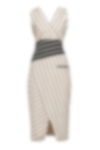Off White Striped Fitted Dress by Varsha Wadhwa