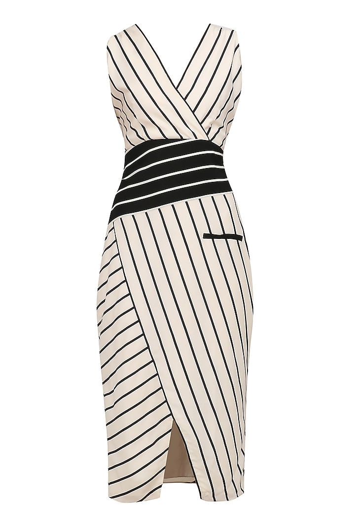 Off White Striped Fitted Dress by Varsha Wadhwa
