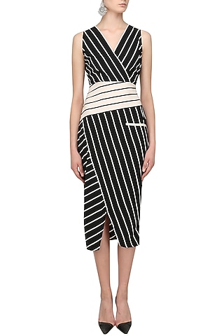 Black Striped Fitted Dress by Varsha Wadhwa