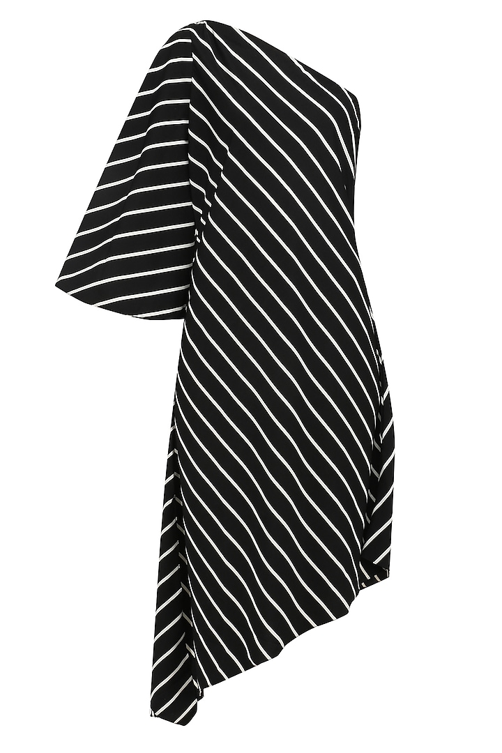 Black Striped One Shoulder Asymmetric Dress by Varsha Wadhwa