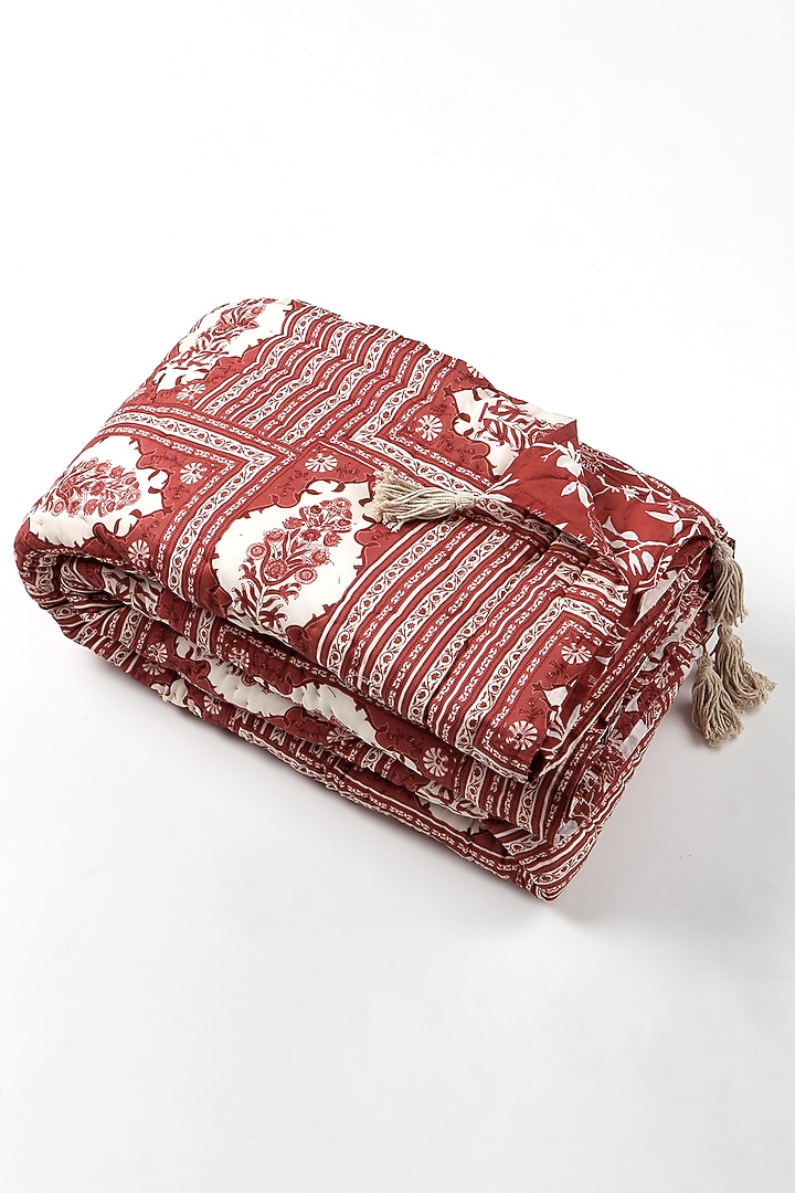 Red Silk & Cotton Printed Reversible Quilt by vVyom at Pernia's Pop Up Shop