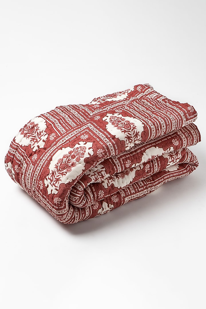Red Silk & Cotton Printed Reversible Quilt by vVyom at Pernia's Pop Up Shop