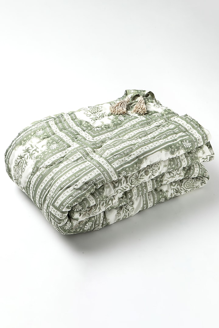 Beige Silk & Cotton Printed Reversible Quilt by vVyom at Pernia's Pop Up Shop