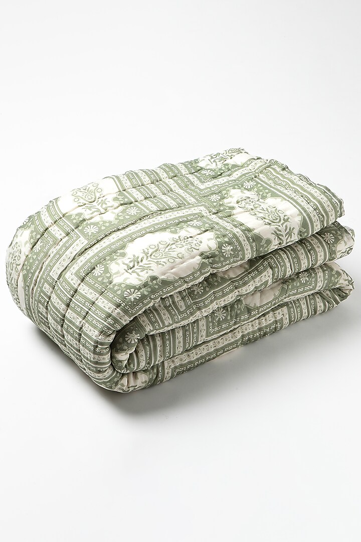 Beige Silk & Cotton Printed Reversible Quilt by vVyom at Pernia's Pop Up Shop