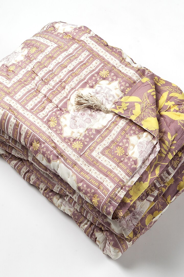 Pink Silk & Cotton Printed Reversible Quilt by vVyom at Pernia's Pop Up Shop