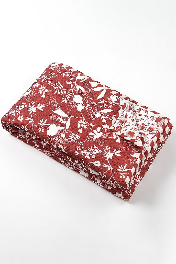 Red Cotton Floral Printed Bedcover Set by vVyom