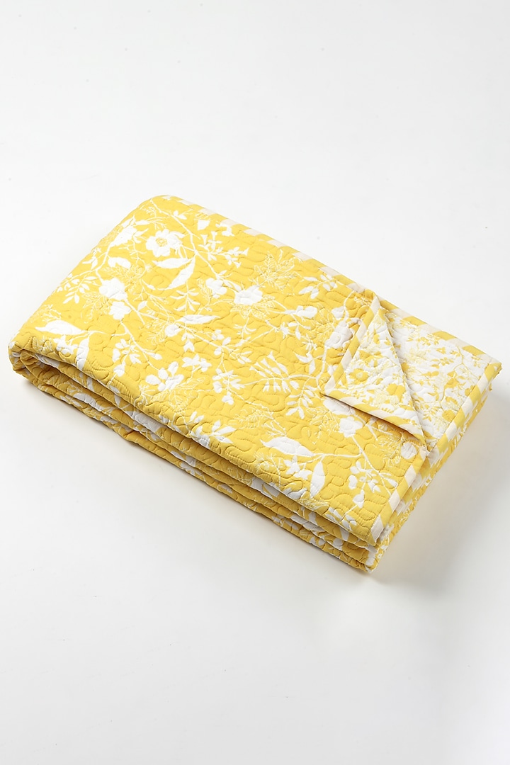 Yellow Cotton Floral Printed Bedcover Set by vVyom
