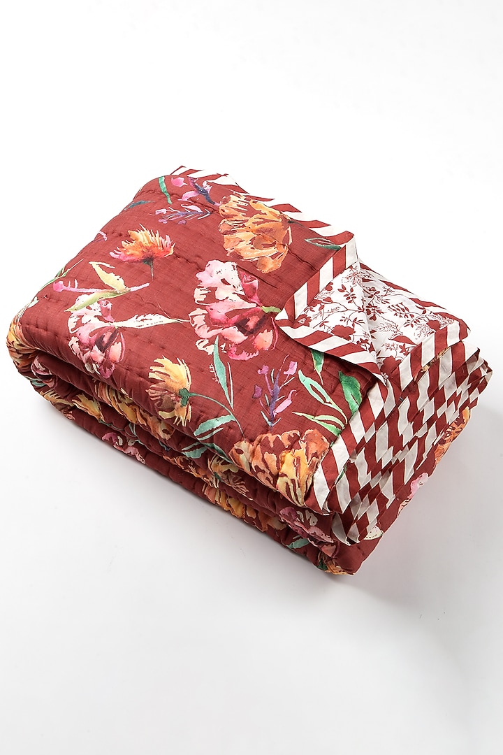 Red Silk & Cotton Botanical Handpainted Reversible Quilt by vVyom at Pernia's Pop Up Shop