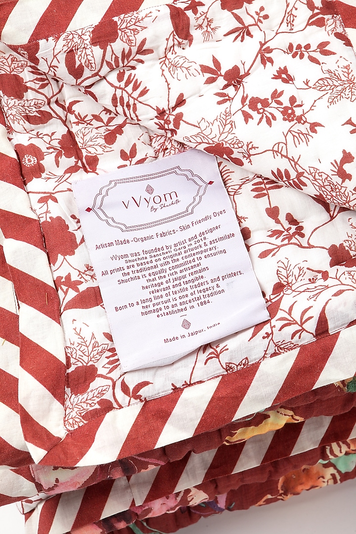 Red Silk & Cotton Botanical Handpainted Reversible Quilt by vVyom at Pernia's Pop Up Shop