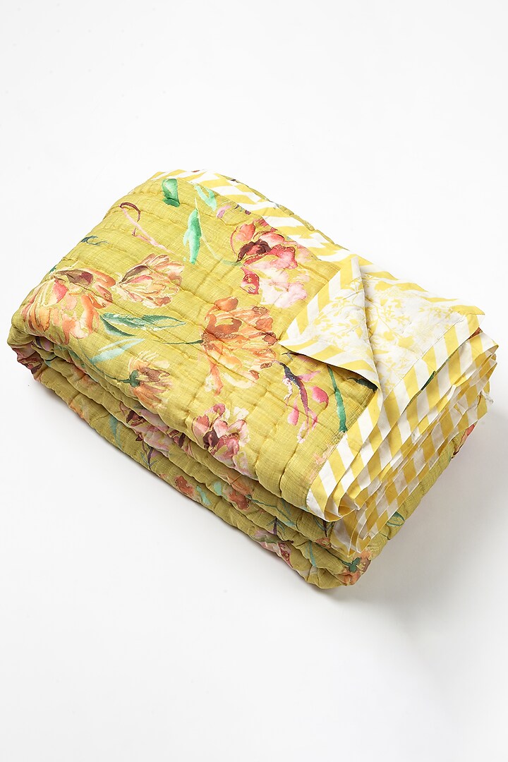 Yellow Silk & Cotton Botanical Handpainted Reversible Quilt by vVyom