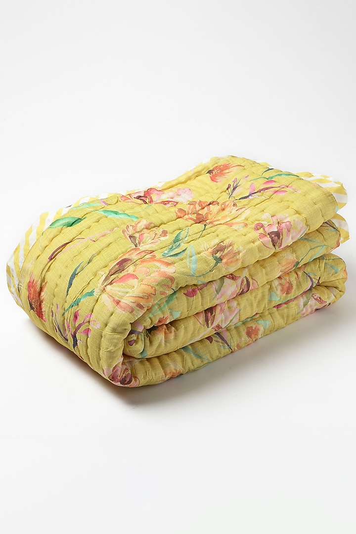 Yellow Silk & Cotton Botanical Handpainted Reversible Quilt by vVyom at Pernia's Pop Up Shop