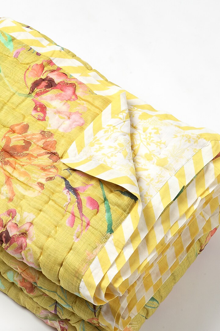 Yellow Silk & Cotton Botanical Handpainted Reversible Quilt by vVyom at Pernia's Pop Up Shop