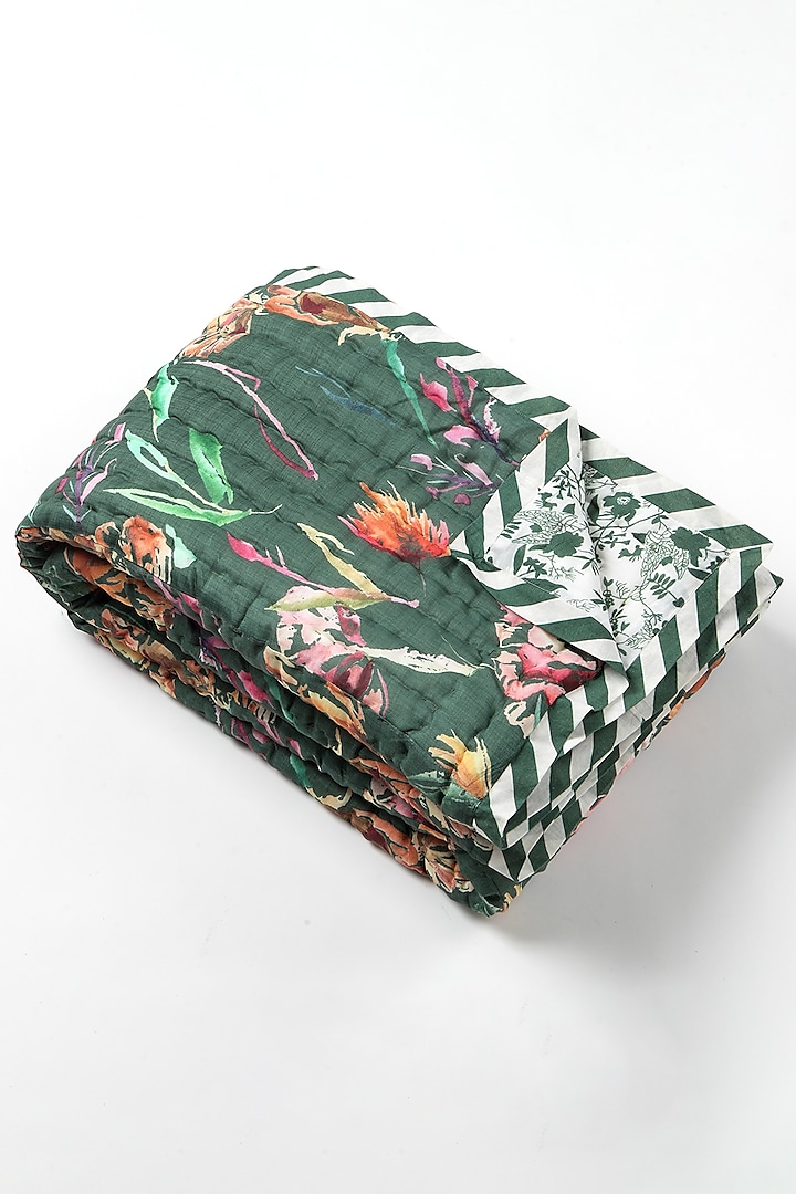 Green Silk & Cotton Botanical Handpainted Reversible Quilt by vVyom