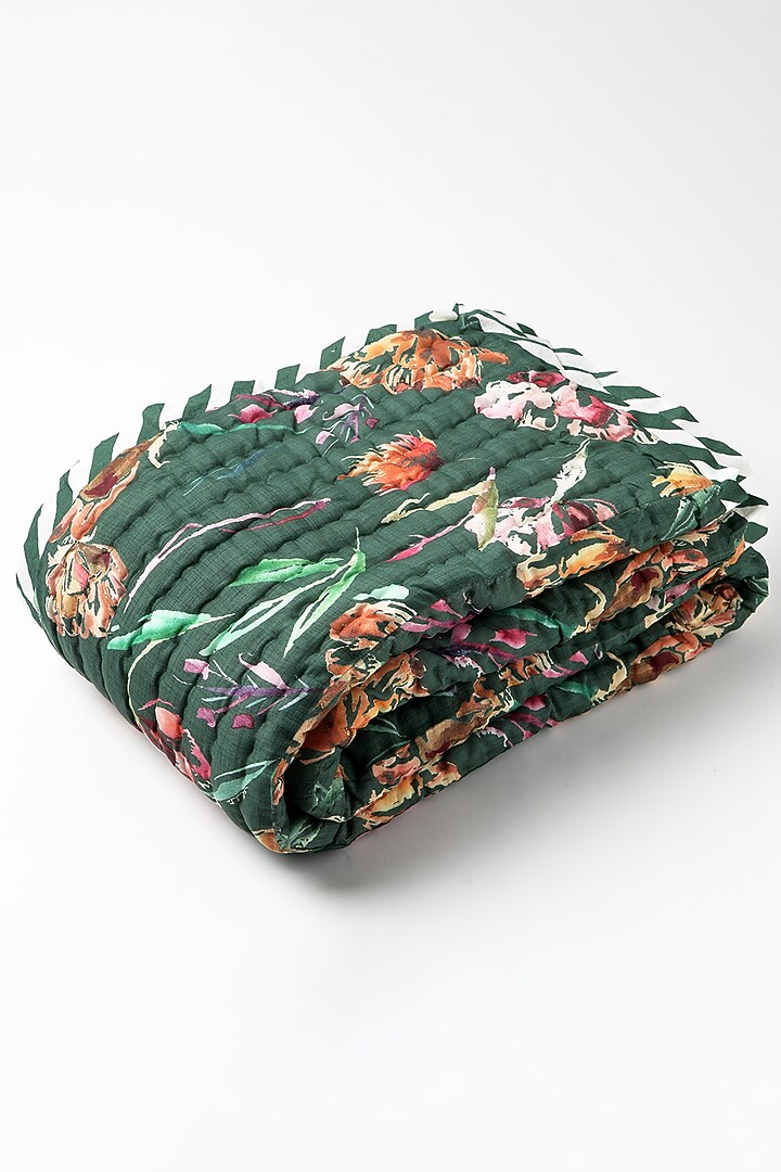 Green Silk & Cotton Botanical Handpainted Reversible Quilt by vVyom at Pernia's Pop Up Shop