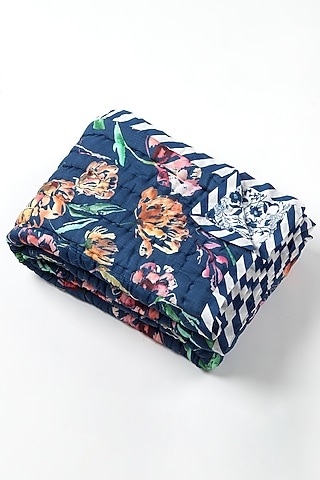 Blue Silk & Cotton Botanical Handpainted Reversible Quilt by vVyom