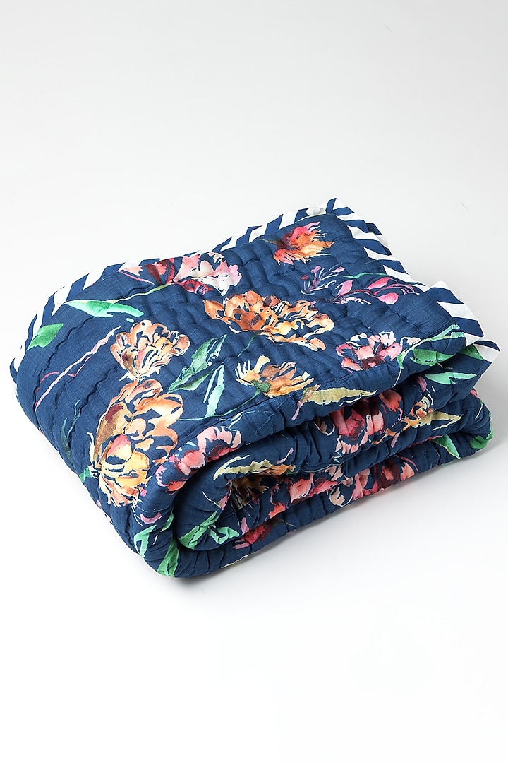 Blue Silk & Cotton Botanical Handpainted Reversible Quilt by vVyom at Pernia's Pop Up Shop