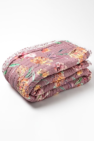Pink Silk & Cotton Botanical Handpainted Reversible Quilt by vVyom