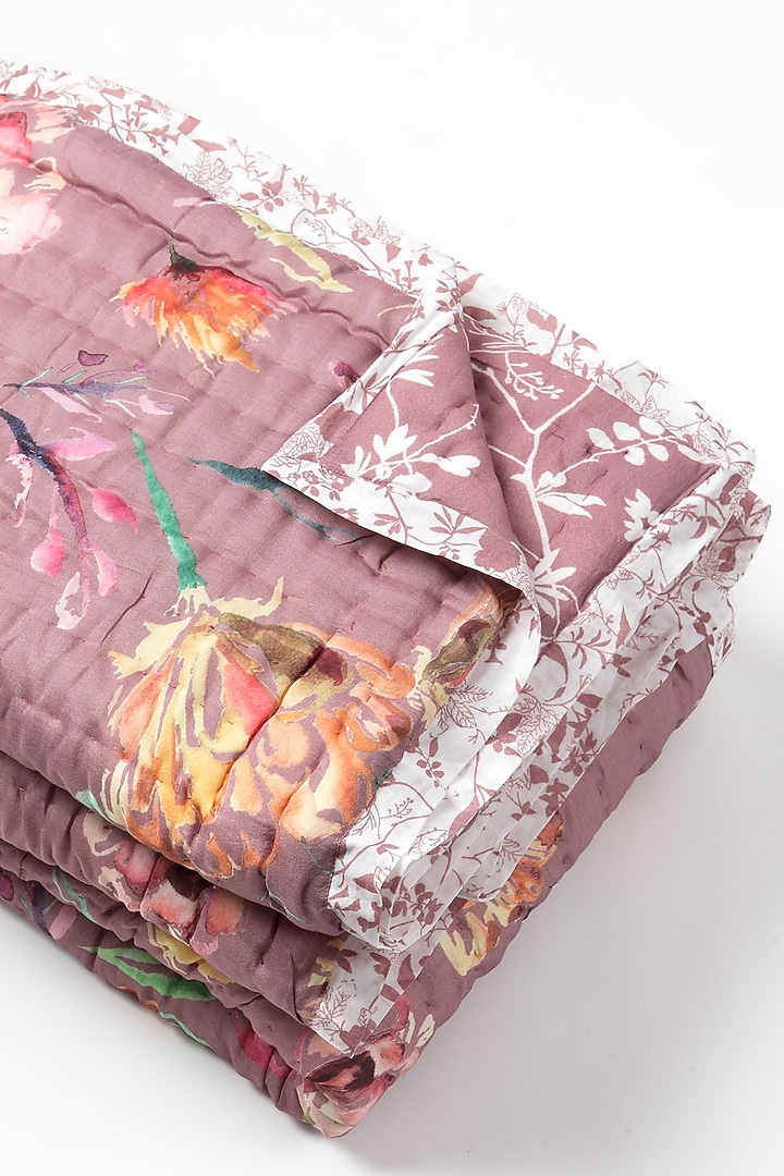 Pink Silk & Cotton Botanical Handpainted Reversible Quilt by vVyom at Pernia's Pop Up Shop