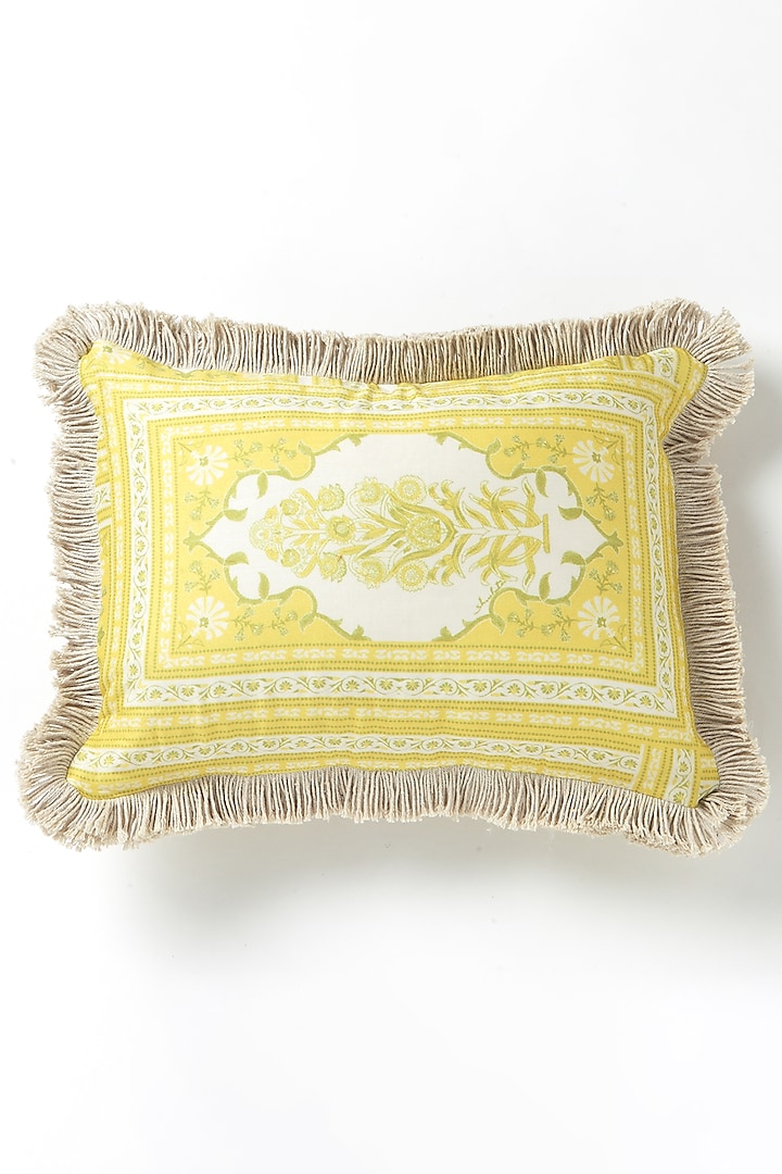 Yellow & White Silk Cotton Printed Cushion by vVyom