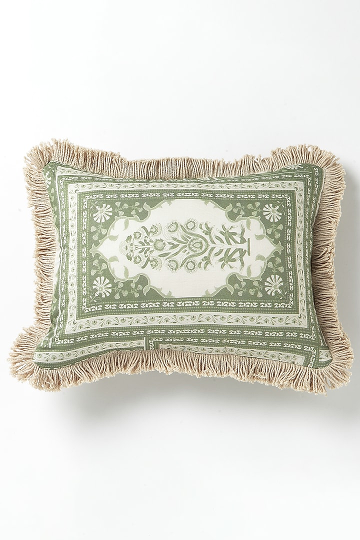 Green & White Silk Cotton Printed Cushion by vVyom