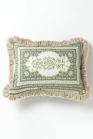Green & White Silk Cotton Printed Cushion by vVyom