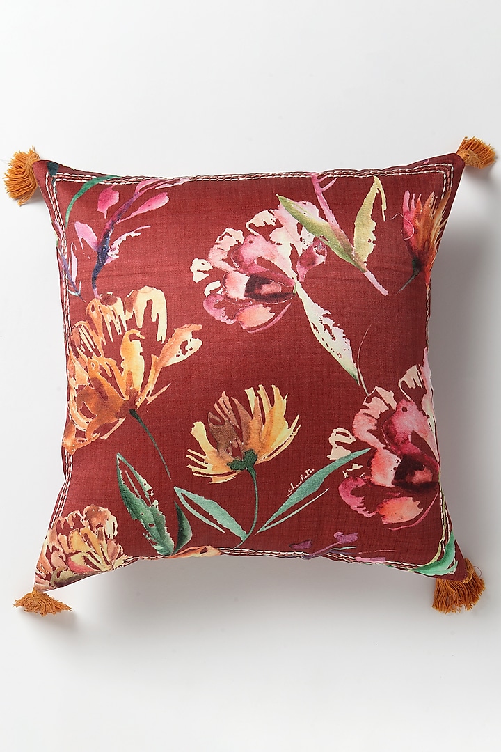 Red Mushroo Silk Botanical Handpainted Cushion by vVyom at Pernia's Pop Up Shop