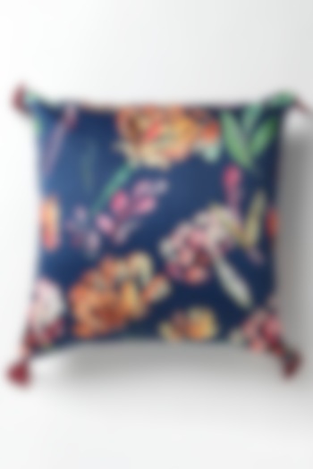 Blue Mushroo Silk Botanical Handpainted Cushion by vVyom