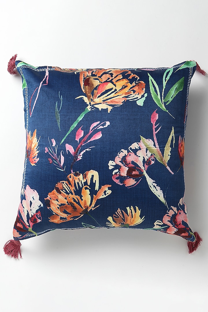 Blue Mushroo Silk Botanical Handpainted Cushion by vVyom