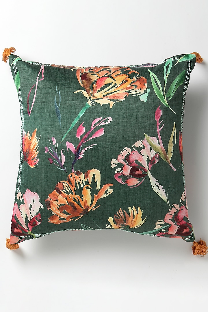 Green Mushroo Silk Botanical Handpainted Cushion by vVyom