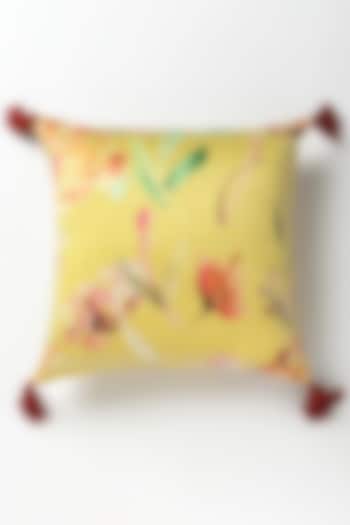 Yellow Mushroo Silk Botanical Handpainted Cushion by vVyom