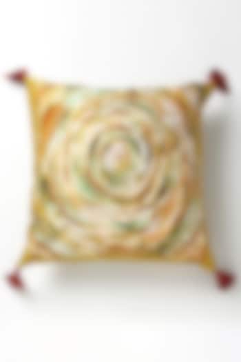 Yellow Mushroo Silk Abstract Handpainted Cushion by vVyom