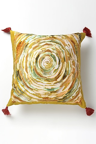 Yellow Mushroo Silk Abstract Handpainted Cushion by vVyom