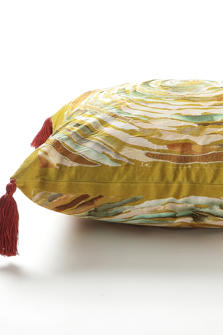 Yellow Mushroo Silk Abstract Handpainted Cushion by vVyom at Pernia's Pop Up Shop
