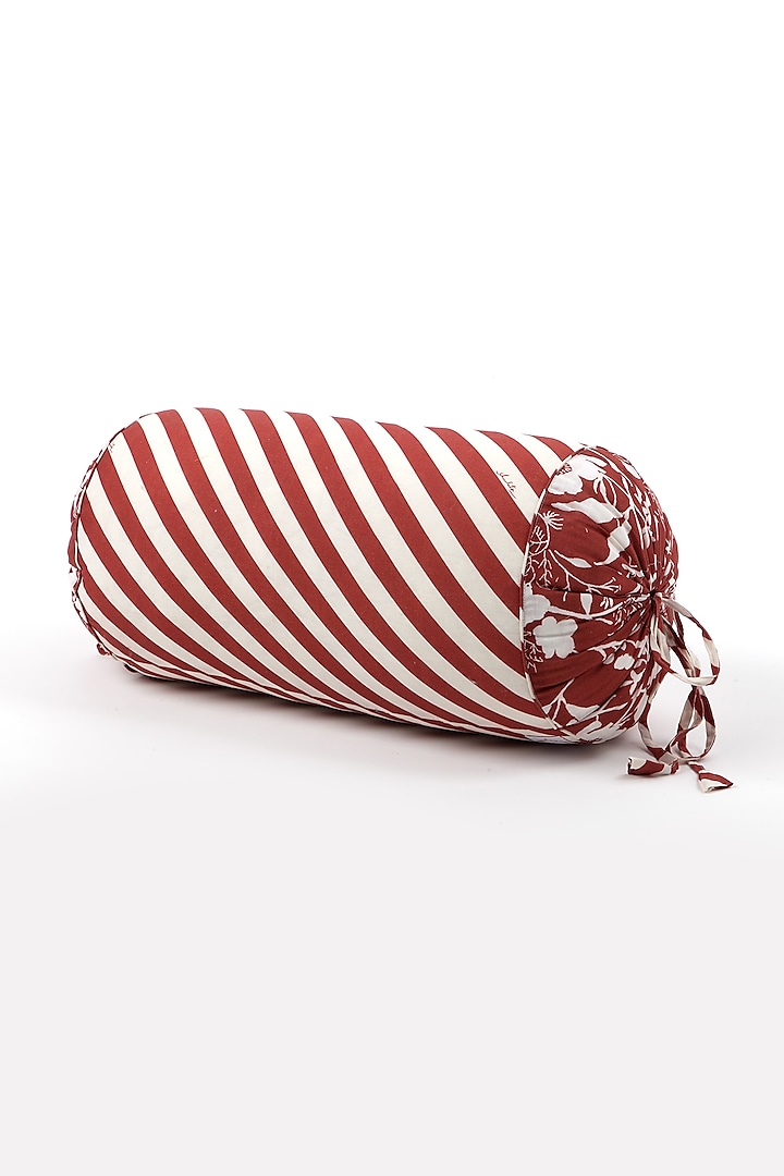 Red Cotton Color Blocked Striped Bolster Cushion by Vvyom