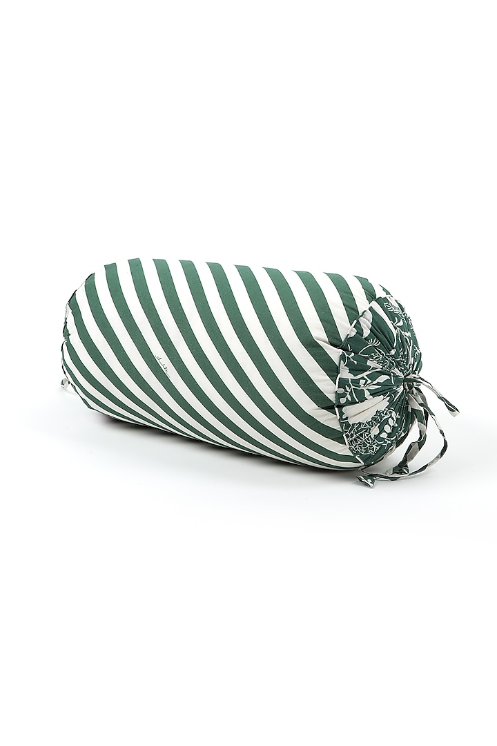Green Cotton Color Blocked Striped Bolster Cushion by Vvyom