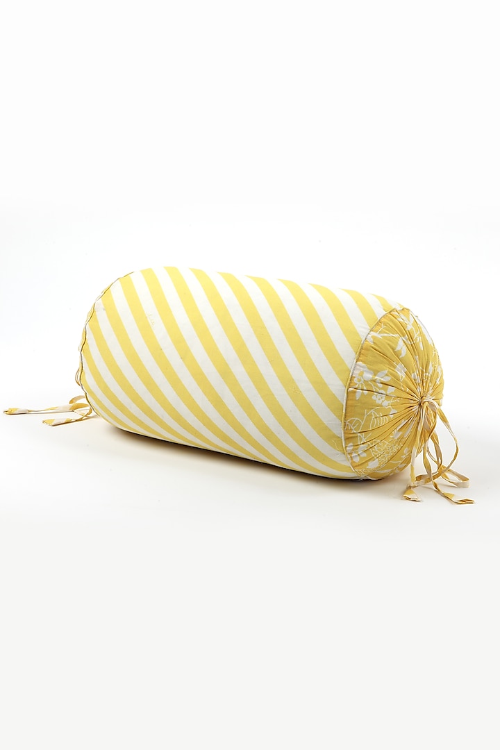 Yellow Cotton Color Blocked Striped Bolster Cushion by Vvyom