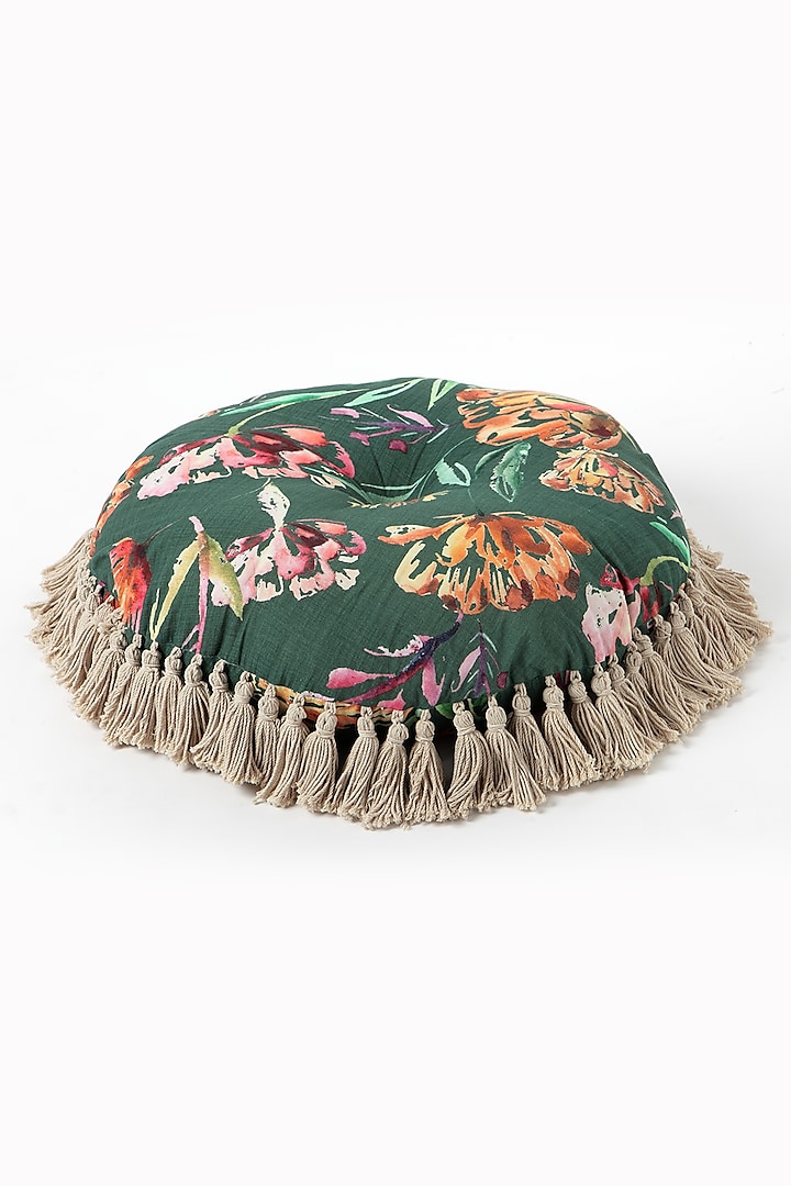 Green Cotton Handpainted Pouffe Pillow by Vvyom