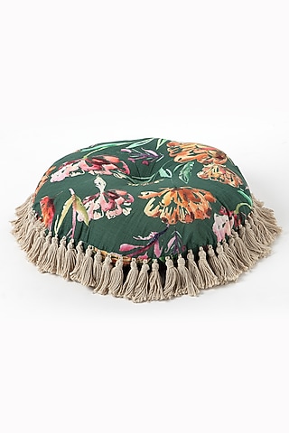 Green Cotton Handpainted Pouffe Pillow by Vvyom