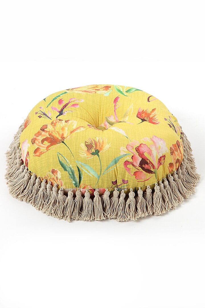 Yellow Cotton Handpainted Pouffe Pillow by Vvyom