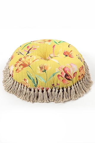 Yellow Cotton Handpainted Pouffe Pillow by Vvyom