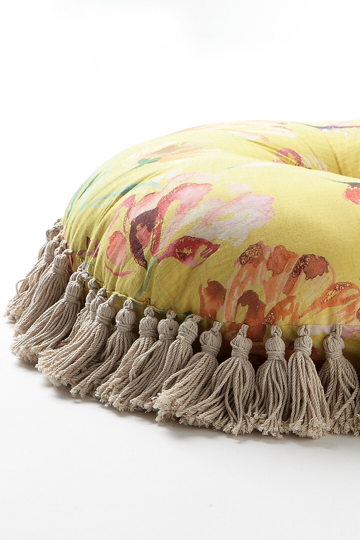 Yellow Cotton Handpainted Pouffe Pillow by Vvyom at Pernia's Pop Up Shop