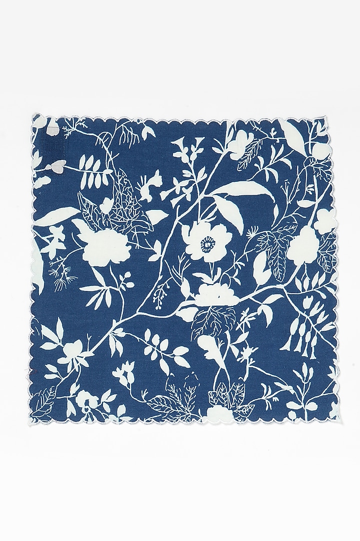 Blue Linen Cotton Floral Printed Napkin Set by Vvyom