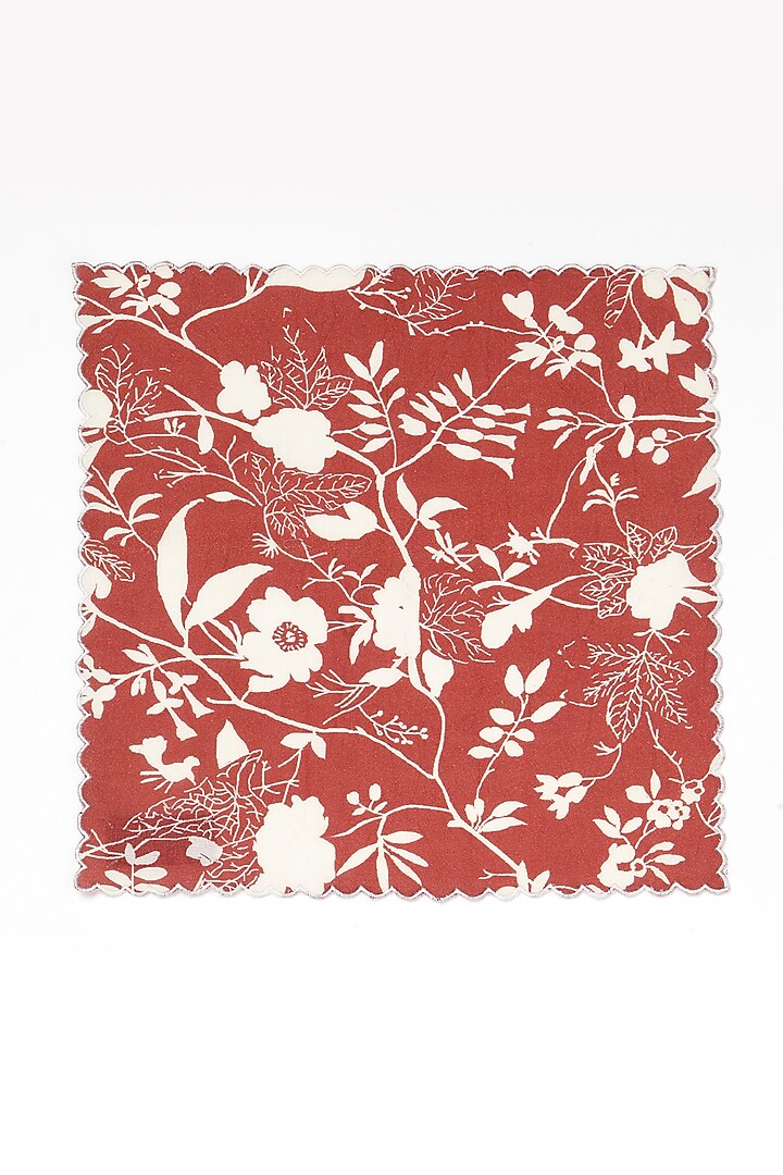 Red Linen Cotton Floral Printed Napkin Set by Vvyom