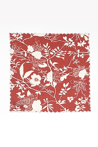 Red Linen Cotton Floral Printed Napkin Set by Vvyom