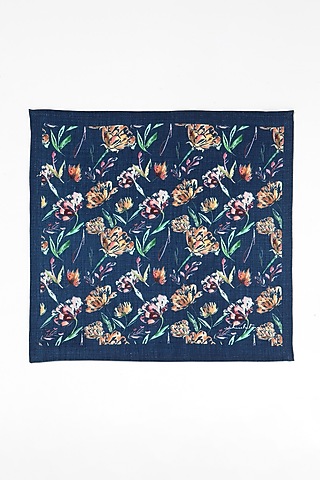 Blue Linen Cotton Hand Painted Napkin (Set of 4) by Vvyom