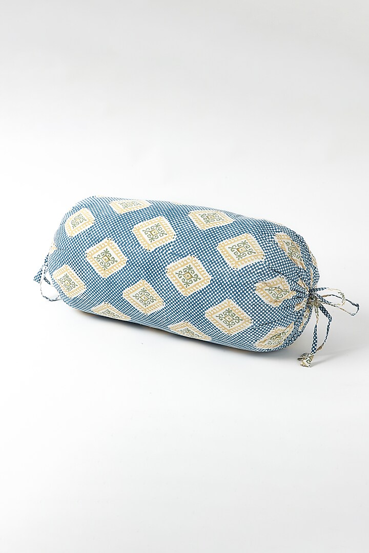Blue Cotton Wood Block Printed Bolster Cushion by Vvyom at Pernia's Pop Up Shop