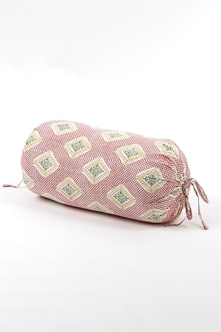 Red Cotton Wood Block Printed Bolster Cushion by Vvyom